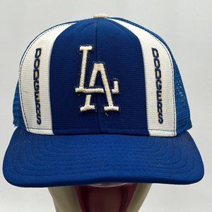 Vtg AJD Lucky Stripes Los Angeles Dodgers Trucker Hat Blue White Snapback USA